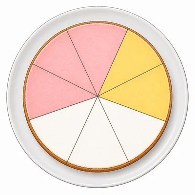 A cake divided into eight slices with five slices highlighted in two colors.