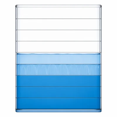 A water tank divided into tenths showing six tenths full with two tenths used.
