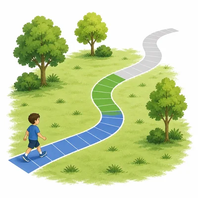 A segmented walking path with two colored portions showing distances walked in the morning and afternoon.