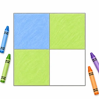 A poster divided into fourths with three of four panels shaded in two colors.