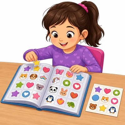 A child with a sticker album and a small sheet of new stickers.