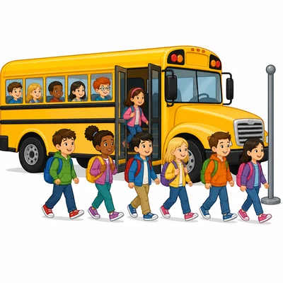 A bus at a stop with six passengers getting off.