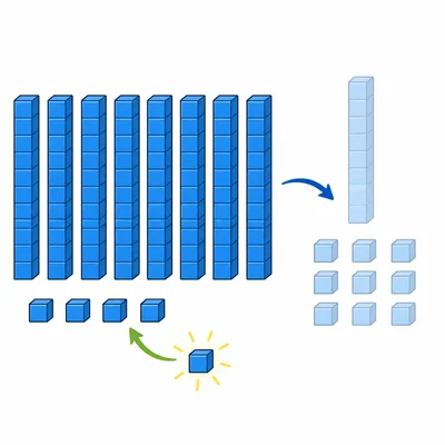 Base-ten blocks showing a near-ten subtraction strategy with an adjustment.