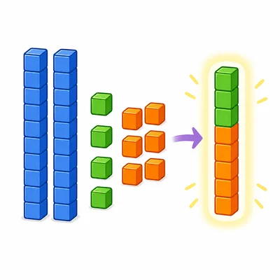 Base-ten blocks showing four ones and six ones grouped into a new ten.