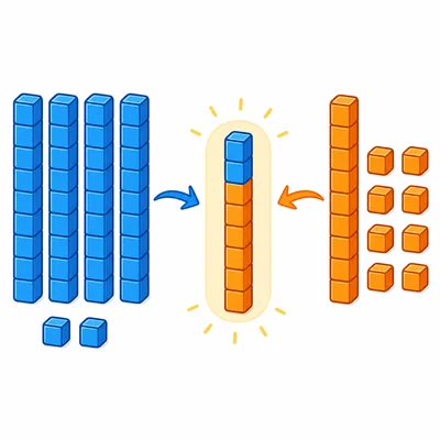 Base-ten blocks showing ones combined to make a new ten.