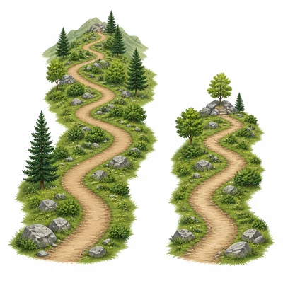 Two separate hiking trails of different lengths in a simple park scene.