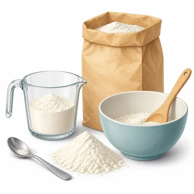A measuring cup with flour beside a bowl and flour bag.