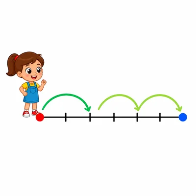 Girl on a number line hopping forward one space, then two more spaces.