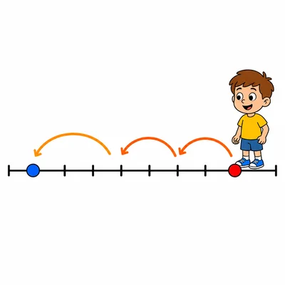 Boy on a number line hopping backward two spaces, then one more space.