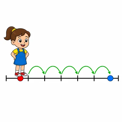 Girl on a number line hopping forward from 1 to 6.