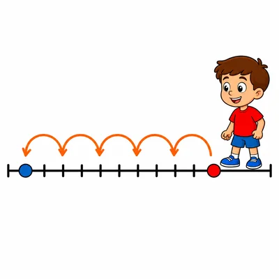 Boy on a number line hopping backward from 8 to 3.