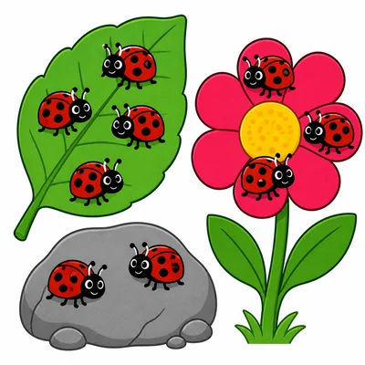 Ladybugs in three places: 4 on a leaf, 2 on a rock, and 3 on a flower.