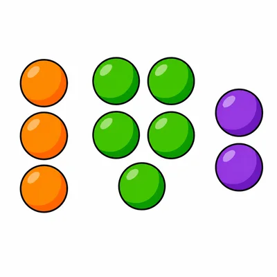 Three groups of balls showing 3, 5, and 2.