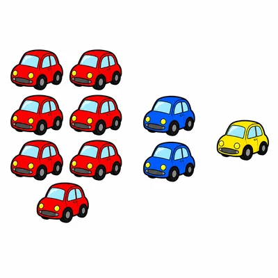 Three groups of toy cars showing 7, 2, and 1.