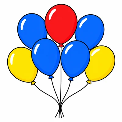 A bunch of balloons with 1 red, 4 blue, and 2 yellow balloons.