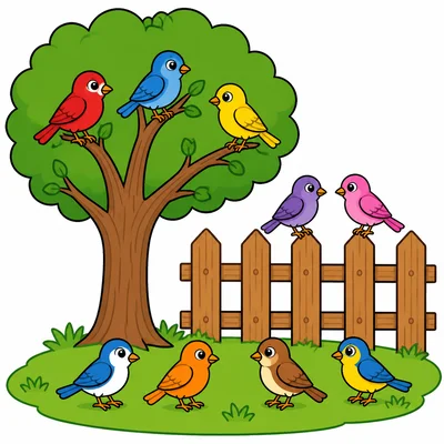 Birds in three places: 3 in a tree, 2 on a fence, and 4 on the grass.