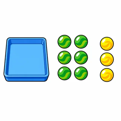 An empty tray, a group of 6 marbles, and a group of 3 marbles.