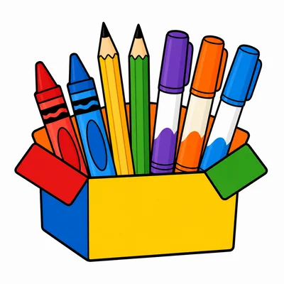 An open box with 2 crayons, 2 pencils, and 3 markers.