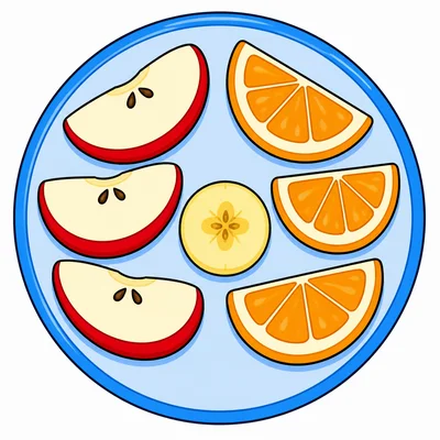 A plate with 3 apple slices, 3 orange slices, and 1 banana slice.