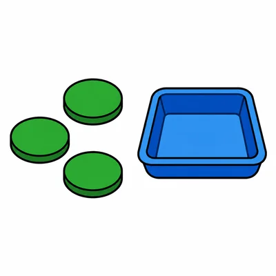 Three green counters and an empty tray.