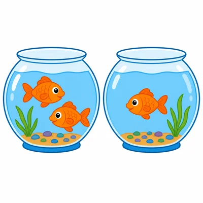 Two fish in one bowl and one fish in another bowl.