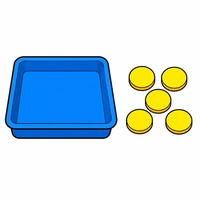 An empty tray and five yellow counters.