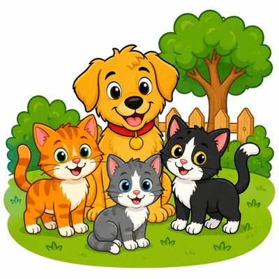 One dog and three cats in a yard.