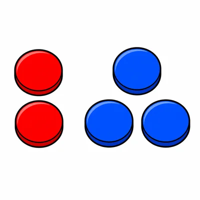 Two red counters and three blue counters.
