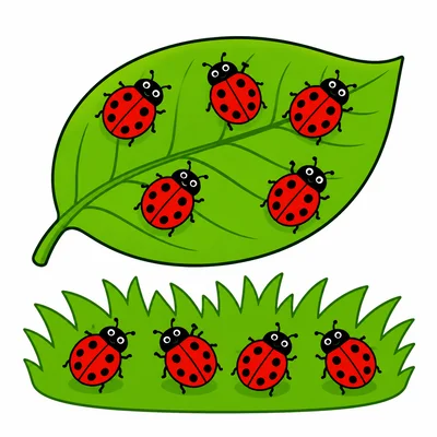 Five ladybugs on a leaf and four ladybugs on grass.