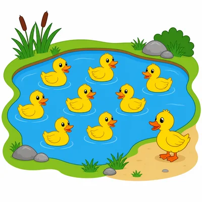 Eight ducks in a pond and one duck on the shore.