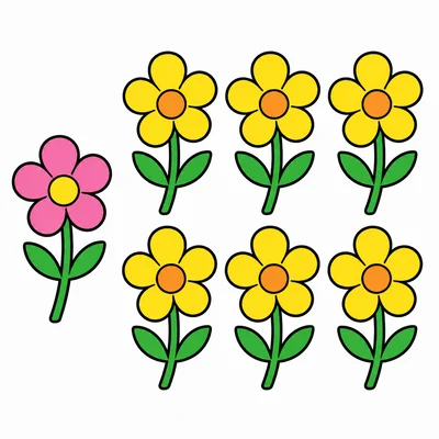 One pink flower and six yellow flowers.