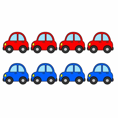 Four red toy cars and four blue toy cars.