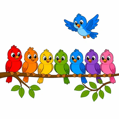 Seven birds on a branch and one bird flying nearby.