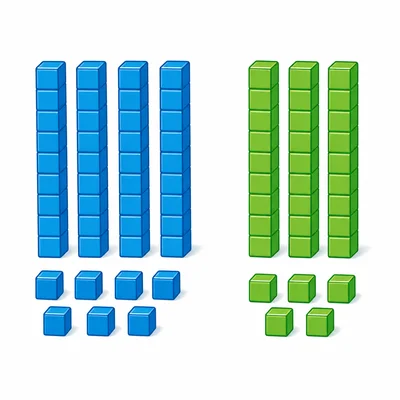 Two groups of base-ten blocks showing tens rods and unit cubes.