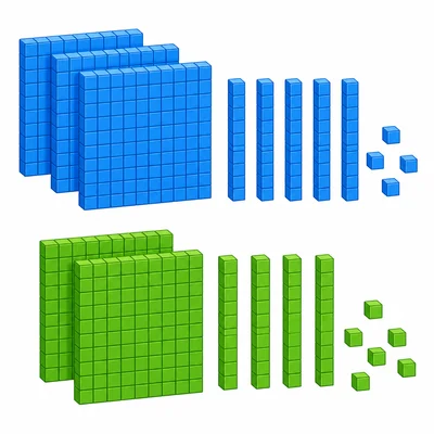 Two groups of base-ten blocks with hundreds flats, tens rods, and unit cubes.