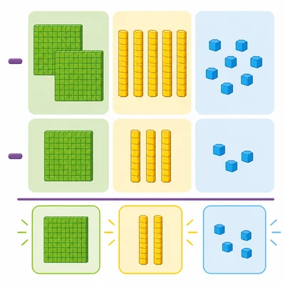 Base-ten blocks showing hundreds, tens, and ones for a subtraction model.