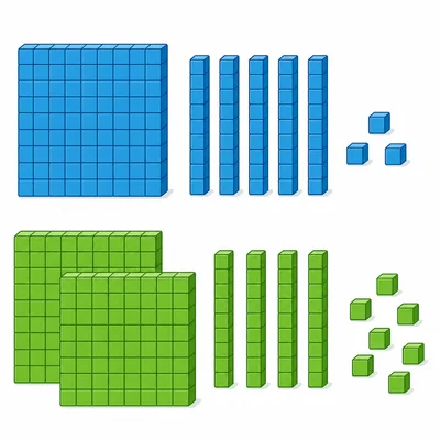 Two groups of base-ten blocks for adding three-digit numbers.