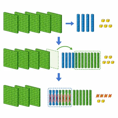 Base-ten blocks showing a subtraction from five hundreds with regrouping.