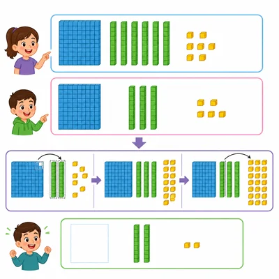 Base-ten blocks showing a three-digit subtraction with regrouping.