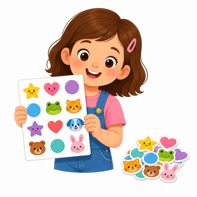 A child with colorful stickers and more stickers being added.