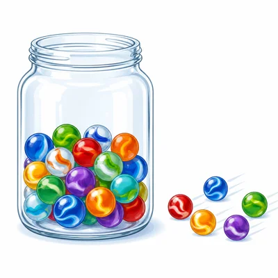 A jar of marbles with more marbles being added.