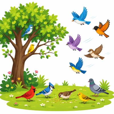 Birds in a park with more birds arriving.