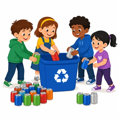 Children collecting cans in two groups for recycling.