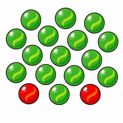 Fourteen green marbles and two red marbles