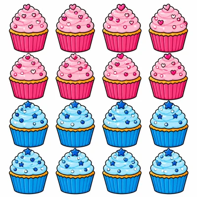 Nine pink cupcakes and nine blue cupcakes