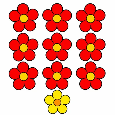 Nine red flowers and one yellow flower