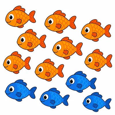 Eight orange fish and four blue fish