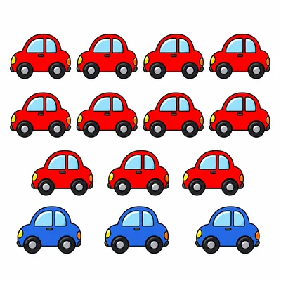 Eleven red toy cars and three blue toy cars