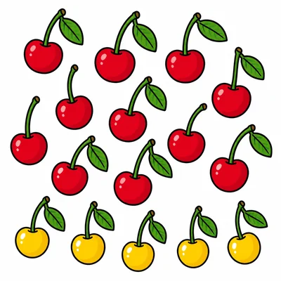 Twelve red cherries and five yellow cherries