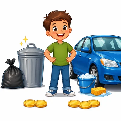 A child with trash, a car wash bucket, and two groups of coins.